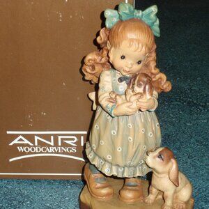 ANRI SARAH KAY VALENTINE "Our Puppy" FIGURINE 7.5" WITH BOX - Girl With Puppies!